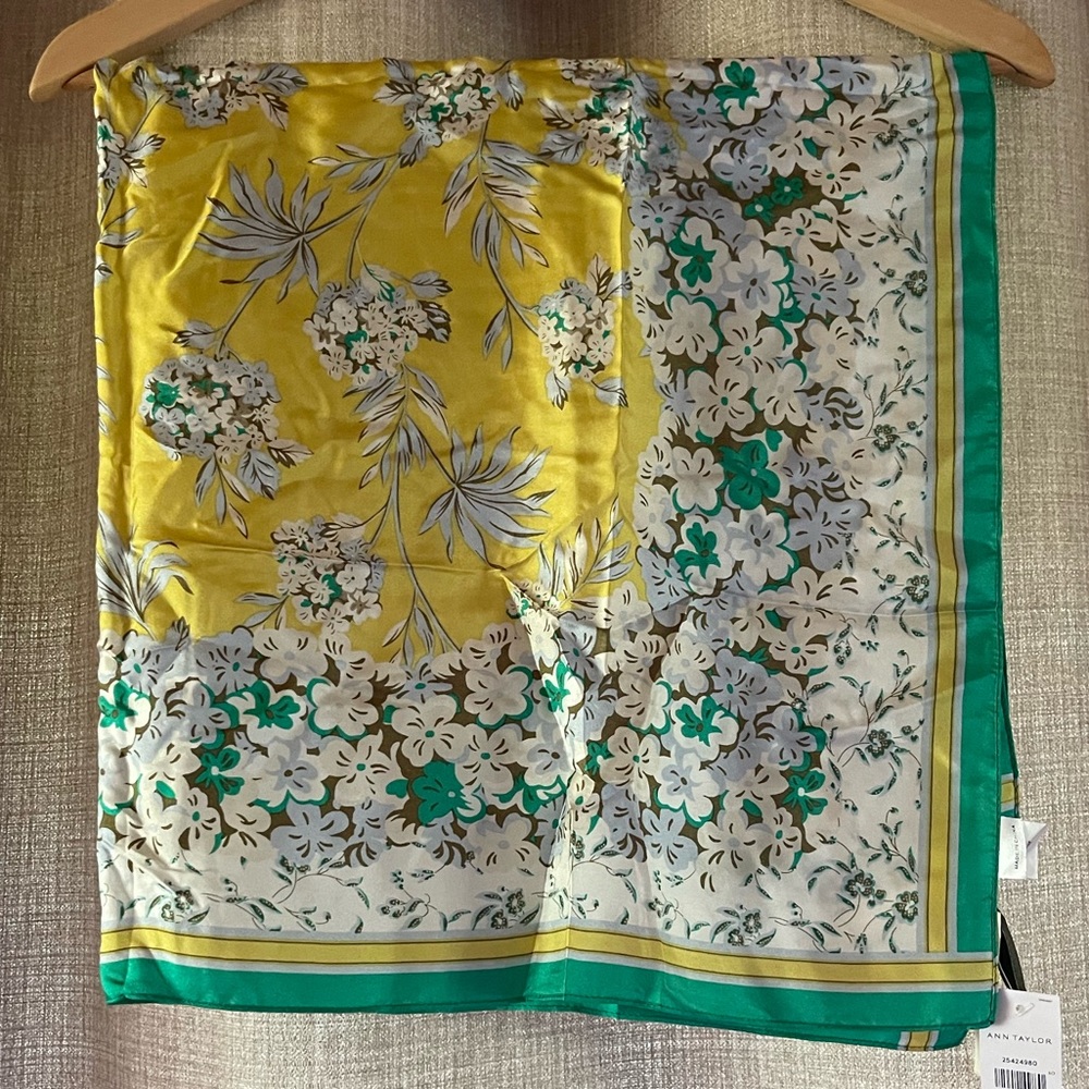 Ann Taylor silk scarf (green, yellow light blue and brown flower print)